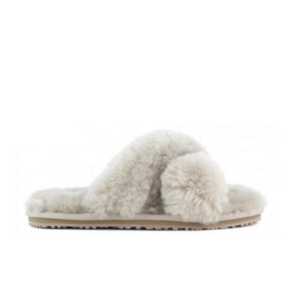 NEW MOU women's criss-cross double-face shearling slipper in taupe